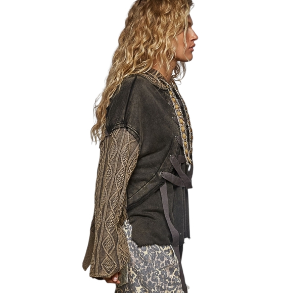 POL Rebel Lace Up Knit Hoodie Mineral Wash Brown Black Small NWOT - Picture 2 of 16